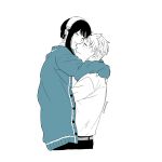  >_< 1boy 1girl belt blue_cardigan blush buttons cardigan closed_mouth commentary_request cropped_torso hairband heads_together highres hug pants short_hair sidelocks simple_background smile spy_x_family sweatdrop tarutaruso3 twilight_(spy_x_family) twitter_username white_background yor_briar 