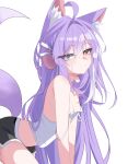  1girl absurdres ahoge all_fours animal_ear_fluff animal_ears artist_request black_shorts blue_eyes breasts brown_eyes camisole cleavage commentary_request crop_top dolphin_shorts double_strap_slip fox_girl from_side hair_intakes hair_ornament heterochromia highres korean_commentary long_hair looking_at_viewer looking_to_the_side midriff pink_pupils pom_pom_(clothes) pom_pom_hair_ornament purple_hair second-party_source short_shorts shorts sideways_glance simple_background small_breasts solo spaghetti_strap stellive straight_hair strap_slip tail tenko_shibuki turning_head very_long_hair virtual_youtuber white_background white_camisole yellow_pupils 
