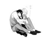  1boy 1girl blush borrowed_clothes choker closed_eyes closed_mouth coat commentary_request dress full_body greyscale highres hug long_dress long_sleeves monochrome motion_lines pants shirt shoes short_hair sidelocks simple_background spy_x_family sweatdrop tarutaruso3 translation_request twilight_(spy_x_family) vest white_background yor_briar 
