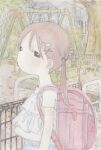  1girl aponikuru_e backpack bag black_eyes blush brown_hair child closed_mouth denim from_side hair_ornament hairclip highres leaf long_hair looking_at_viewer looking_to_the_side original outdoors painting_(medium) park playground railing randoseru shirt short_sleeves slice_of_life solo traditional_media tree twintails upper_body watercolor_(medium) white_shirt 