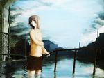  bad_id bad_pixiv_id brown_hair copyright_request expressionless flood looking_away railing reflection short_hair skirt solo standing wading water yoshidaworks 
