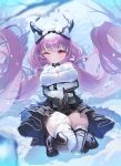  1girl absurdres arknights arknights:_endfield boots breasts cleavage cliff closed_mouth commentary_request crossed_arms elsynien highres horns knee_boots long_hair long_sleeves looking_at_viewer one_eye_closed outdoors pink_eyes pink_hair snow snow_on_body snow_on_head solo squatting tail thighs tree twintails typhoeus_(arknights) typhon_(arknights) very_long_hair 