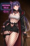  1girl absurdres akuma_nihmune akuma_nihmune_(demon_past) black_gloves bodystocking bra bracelet breasts broken_horn cleavage collar demon_horns earrings facial_mark fingerless_gloves fishnet_bodystocking fishnets gloves heart heart_facial_mark highres horns indie_virtual_youtuber jewelry large_breasts long_hair looking_at_viewer mole mole_under_eye panties pubic_tattoo purple_hair red_bra red_collar red_eyes red_horns red_panties shirt solo spiked_bracelet spikes tattoo thigh_strap thighs torn_clothes underwear virtual_youtuber white_shirt yiotaart 