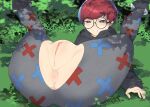  1girl absurdres anus black_sweater censored clenched_teeth clitoral_hood commentary_request crotch_focus glasses grass grey_eyes grey_pantyhose highres kuma_(jk0073) legs_up lying mosaic_censoring multicolored_hair on_back outdoors pantyhose penny_(pokemon) pokemon pokemon_scarlet_and_violet pussy red_hair round_eyewear solo sweater teeth torn_clothes torn_pantyhose two-tone_hair 