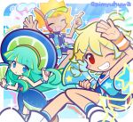  3girls ahoge arm_up belt bike_shorts blonde_hair blue_dress blue_eyes blue_hat blue_skirt blue_socks blue_tank_top blue_unitard blunt_bangs blush_stickers boots border bracelet cheerleader chelsea_(puyopuyo) commentary_request criss-cross_halter dark-skinned_female dark_skin dress fang frilled_wristband green_hair green_hat green_visor_cap grin hair_ornament halterneck hand_fan hands_up hat holding holding_fan holding_megaphone index_finger_raised jewelry karen_(puyopuyo) long_hair megaphone miniskirt multicolored_hat multiple_girls necklace notice_lines official_style one_eye_closed open_mouth orange_belt orange_hair outside_border parted_lips pearl_bracelet pimyuhuwa pleated_skirt puyopuyo puyopuyo_quest red_eyes rounded_corners short_hair shorts sizer_(puyopuyo) skirt sleeveless sleeveless_dress smile snorkel socks sparkle spiked_hair star_(symbol) star_hair_ornament tan tank_top tooth_necklace twitter_username unitard very_long_hair visor_cap white_boots white_border white_shorts 