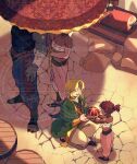  2boys 2girls absurdres ball barrel black_shirt blonde_hair breasts cleavage colored_skin commentary_request detached_sleeves ganondorf gerudo green_shirt grey_skin highres holding holding_ball link multiple_boys multiple_girls on_one_knee outdoors ponytail rani_grb red_umbrella sack shirt strapless the_legend_of_zelda tube_top umbrella 