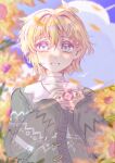  1boy androgynous antenna_hair basil_(faraway)_(omori) basil_(omori) blonde_hair blue_eyes camera cardigan commentary field flower flower_field green_cardigan grin hair_behind_ear hair_between_eyes hair_flower hair_ornament hairclip highres holding holding_camera lens_flare looking_at_viewer male_focus omori parallel_hairclips polaroid_camera short_hair smile sunflower sunflower_field untranslatable_commentary xanyu2334ouo 