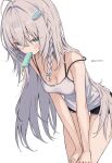  1girl absurdres ahoge aruota braid breasts camisole cleavage commentary_request dolphin_shorts food food_in_mouth hair_ornament highres leaning_forward long_hair original popsicle popsicle_in_mouth short_shorts shorts simple_background single_braid solo strap_slip sweat upturned_eyes v_arms very_long_hair white_background 