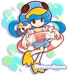  1girl alternate_costume animal animal_hat animal_on_arm belt belt_buckle bird black_eyes blue_hair blue_shorts blunt_bangs buckle buttons commentary_request flower full_body hair_flower hair_ornament hat hibiscus holding holding_swim_ring inflatable_armbands innertube long_hair official_style one_eye_closed open_clothes open_shirt parted_lips penguin penguin_hat pengurumi_(puyopuyo) pimyuhuwa pink_belt puyopuyo puyopuyo_quest shirt shoes shorts simple_background sleeveless sleeveless_shirt sparkle standing standing_on_one_leg stuffed_animal stuffed_penguin stuffed_toy swim_ring twitter_username white_background yellow_flower yellow_shirt yellow_shoes 
