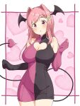 1girl :o absurdres asymmetrical_sleeves bare_shoulders black_dress black_sleeves blush braid braided_bangs breasts cleavage cleavage_cutout clothing_cutout commentary_request cowboy_shot demon_girl demon_tail detached_sleeves dress flower hair_flower hair_intakes hair_ornament hands_up head_wings heart heart_background heart_cutout highres himemiya_karen impossible_clothes impossible_dress jewelry large_breasts long_hair make_heroine_ga_oo_sugiru! mismatched_sleeves mitoka000 navel necklace pencil_dress pink_background pink_dress pink_eyes pink_hair pink_sleeves short_dress sleeveless sleeveless_dress solo tail two-tone_background two-tone_dress v white_background wings 