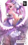  1girl absurdres ass back backless_dress backless_outfit bare_shoulders breasts copyright_logo cowboy_shot detached_sleeves dress feathered_wings from_behind hair_intakes hair_ornament highres imorx3 large_breasts logo long_sleeves looking_at_viewer looking_back low_wings medium_hair pink_eyes pink_hair pointy_ears purple_wings remielle_dan short_dress solo thighhighs turning_head white_dress white_thighhighs white_wings wings zenless_zone_zero 