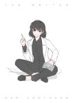  1girl black_hair black_shirt bob_cut character_name coat collared_shirt commentary_request crossed_ankles dreaming_nozomu english_text full_body grin han_sooyoung han_sooyoung_(1863rd_turn) hand_on_own_leg head_tilt holding holding_pencil omniscient_reader's_viewpoint open_clothes open_coat pencil shirt sitting smile solo white_coat 