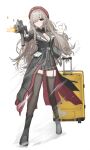  1girl absurdres aiming artist_name assault_rifle battle belt beret blonde_hair boots braid breasts bullet casing_ejection cecilia_(girls'_frontline_2) cheogtanbyeong cleavage cleavage_cutout clipboard clothing_cutout commentary dust fighting_stance firing g36c_(girls'_frontline) garter_straps girls'_frontline girls'_frontline_2:_exilium gun h&amp;k_g36c hair_over_one_eye hat highres holding holding_gun holding_suitcase holding_weapon jacket korean_commentary layered_clothes long_sleeves miniskirt multicolored_jacket muzzle_flash no_bra red_eyes rifle rolling_suitcase shell_casing simple_background single_braid skirt suitcase tachi-e thighhighs translation_request two-tone_jacket under_fire utility_belt watermark weapon 