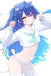  1girl absurdres ahoge alternate_costume amamiya_kokoro animal_ear_fluff animal_ears blue_hair blush cat_ears cat_girl cat_tail commentary_request cowboy_shot fang frilled_panties frills gradient_hair hair_intakes hair_ribbon highres kemonomimi_mode long_hair long_sleeves looking_at_viewer multicolored_hair navel neckerchief nijisanji panties paw_pose puni_(yuuki-0215) ribbon sailor_collar school_uniform serafuku shirt sidelocks simple_background skin_fang smile solo standing swept_bangs tail thighhighs two_side_up underwear very_long_hair virtual_youtuber white_background white_panties white_sailor_collar white_thighhighs yellow_eyes 