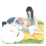  1boy 2girls anya_(spy_x_family) black_hair blanket blonde_hair blue_dress blue_pants bond_(spy_x_family) child closed_eyes closed_mouth commentary_request dog dress grass great_pyrenees grey_dress hairpods highres long_hair long_sidelocks lying medium_hair multiple_girls on_back on_ground pants pink_hair red_eyes shirt short_hair short_sleeves sidelocks sleeping smile spy_x_family tarutaruso3 twilight_(spy_x_family) twitter_username white_shirt yor_briar 