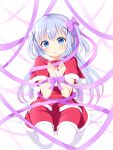  1girl absurdres artist_name blue_eyes blue_hair blue_pupils blush bow bright_pupils buttons capelet choppy_bangs closed_mouth commentary dot_nose double-breasted dress fur-trimmed_capelet fur-trimmed_shirt fur-trimmed_skirt fur_trim gochuumon_wa_usagi_desu_ka? gradient_hair hair_between_eyes hair_bow hair_ornament highres kafuu_chino linked_ribbons long_hair looking_at_viewer looking_up multicolored_hair namakemono_(lazysloth2022) pantyhose purple_bow purple_hair red_capelet red_theme santa_costume santa_dress shirt sitting skirt solo tied_from_afar too_many_ribbons twitter_username two_side_up very_long_hair wariza white_background x_hair_ornament your_present_is_me 