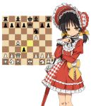  1girl absurdres alternate_costume asymmetrical_clothes black_bow black_hair black_ribbon board_game bonnet bow channel_(caststation) checkered_clothes chess chess_piece chessboard choker collar commentary dress elbow_on_arm feet_out_of_frame frilled_choker frilled_dress frilled_sleeves frills hair_between_eyes hair_bobbles hair_ornament hat highres holding holding_chess_piece holding_umbrella kaai_yuki legs_together long_sleeves looking_ahead low_twintails narrowed_eyes rabbit_ornament red_bonnet red_dress red_hat red_umbrella ribbon shogi_ichiban!_(vocaloid) short_hair simple_background standing sweatdrop thinking twintails umbrella vocaloid white_collar yellow_bow yellow_eyes 