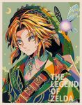  1boy baldric blonde_hair blue_eyes border check_commentary collared_tunic commentary_request copyright_name crescent curtained_hair fairy fairy_wings fantasy green_background green_eyes green_hat green_tunic hat highres hylian_shield link mizuki_tsukimori multicolored_eyes navi scabbard sheath shield the_legend_of_zelda the_legend_of_zelda:_ocarina_of_time the_legend_of_zelda:_ocarina_of_time_(remake) tunic undershirt upper_body wings 