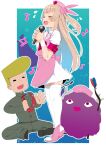  1boy 1girl apron armband bandaged_arm bandages blonde_hair blush brown_hair closed_eyes commentary dress fang flying_sweatdrops gakuran hair_ornament hat heart highres holding holding_instrument holding_microphone instrument long_hair microphone nana_g natori_sana natori_sana_(nurse) nurse nurse_cap open_mouth pink_apron pink_armband pink_hat pink_shoes rabbit_hair_ornament saana-kun sana_channel school_uniform shoes short_sleeves singing skin_fang solo_focus thighhighs two_side_up untranslatable_commentary virtual_youtuber white_dress white_thighhighs 