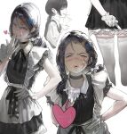  1girl absurdres angry apron bandage_on_cheek black_choker black_ribbon braid braided_ponytail chainsaw_man choker covering_own_mouth cross_scar dress frilled_dress frilled_sleeves frills gloves hand_over_own_mouth heart highres hkhvita imminent_kiss lips maid_apron middle_finger mitaka_asa neck_ribbon parted_bangs parted_lips ponytail red_eyes ribbon scar scar_on_cheek scar_on_face scar_on_nose simple_background thighhighs waist_apron white_gloves yoru_(chainsaw_man) 