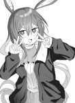  1girl amiya_(arknights) animal_ears arknights ascot blush commentary_request double_v fingernails greyscale hair_between_eyes highres jacket jewelry long_hair long_sleeves looking_at_viewer monochrome multiple_rings nose_blush open_clothes open_jacket open_mouth pan_nap ribbed_shirt ring ring_on_every_finger shirt simple_background solo v very_long_hair white_background 