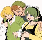  1girl 2boys alternate_costume alternate_universe bag black_dress black_hairband blonde_hair blush_stickers contemporary dress green_hair green_hat green_shirt hairband hand_on_another's_shoulder hat link mido_(zelda) multiple_boys one_eye_closed open_mouth pointy_ears rani_grb saria_(zelda) shirt the_legend_of_zelda the_legend_of_zelda:_ocarina_of_time yellow_shirt 