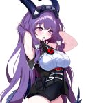  1girl absurdres arknights arknights:_endfield black_horns black_tail blush breasts bright_pupils closed_mouth commentary cowboy_shot english_commentary highres horns long_hair medium_breasts mouth_hold pink_eyes purple_hair ris_guumy simple_background sleeveless solo standing sweat tail tying_hair typhoeus_(arknights) typhon_(arknights) very_long_hair white_background white_pupils 