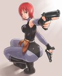  ass bodysuit boots breasts detached_sleeves dino_crisis dual_wielding fingerless_gloves gloves gun handgun holding holding_gun holding_weapon large_breasts looking_back nagase_haruhito parted_lips pistol purple_eyes red_hair regina short_hair skin_tight solo spandex trigger_discipline weapon 
