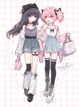  2girls :d akemi_homura animal_hat artist_name backpack bag bare_shoulders bead_necklace beads beanie black_choker black_ribbon black_shoes black_thighhighs blue_skirt blush camisole cat_hat cat_thigh_strap choker commentary denim denim_shorts double-parted_bangs dress english_commentary flat_chest full_body hair_between_eyes hair_ornament hair_ribbon hand_on_own_arm handbag hat high_tops highres holding holding_another's_arm holding_bag jacket jacket_partially_removed jewelry kaname_madoka leg_warmers long_hair looking_at_another mahou_shoujo_madoka_magica mahou_shoujo_madoka_magica_(anime) medium_hair multiple_girls necklace off_shoulder open_mouth pants pink_eyes pink_hair pink_jacket plaid_background pleated_skirt purple_eyes purple_hair purple_ribbon purple_tank_top ribbon shirt shirt_tucked_in shoes shopping shopping_bag short_twintails shorts signature simple_background skirt smile sneakers striped_clothes striped_jacket tank_top teeth thigh_strap thighhighs torn_clothes twintails twitter_username upper_teeth_only white_background white_leg_warmers white_shoes white_tank_top x_hair_ornament yukomeow 