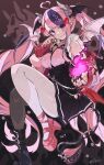  1girl absurdres ahoge asymmetrical_legwear black_boots black_nails black_skirt boots breasts choker demon_girl demon_horns demon_wings fang fire hair_ornament head_wings heart heart_ahoge heart_hair_ornament heart_o-ring heart_ring_choker heterochromia highres horns ironmouse ironmouse_(15th_costume) jacket k_einosuke long_hair looking_at_viewer mismatched_legwear multicolored_hair o-ring o-ring_choker pantyhose pink_choker pink_eyes pink_fire pink_hair pink_jacket pink_shoes pointy_ears purple_eyes purple_hair shoes skin_fang skirt spiked_choker spikes streaked_hair twintails virtual_youtuber vshojo white_horns white_pantyhose wings 