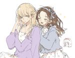  2girls :d :i blonde_hair blue_cardigan blue_ribbon blush cardigan closed_eyes closed_mouth dress hair_ribbon hand_on_another's_shoulder hand_up highres jealous jewelry kakmxxxny06 kono_koi_wo_hoshi_ni_wa_negawanai kousaka_fuyuki kurokawa_kisaki long_hair multiple_girls necklace open_mouth pout print_dress purple_cardigan ribbon shirai_eri simple_background single_bare_shoulder single_off_shoulder sleeveless sleeveless_dress smile straight_hair sundress white_background white_dress yellow_eyes 