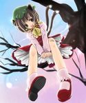  animal_ears bandaid bandaid_on_knee bobby_socks brown_hair cat_ears cat_tail chen earrings from_below full_body in_tree jewelry kubozuka_pikurou red_footwear shoes short_hair sitting sitting_in_tree socks solo tail touhou tree 