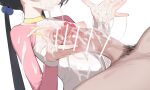  1boy 1girl after_handjob bar_censor black_hair blue_archive breasts censored commentary covered_nipples cropped cum cum_on_body cum_on_clothes cum_on_fingers cum_on_hands dress_swimsuit ejaculation hair_bobbles hair_ornament head_out_of_frame hetero highres kisaki_(blue_archive) kisaki_(kindergarten_swimsuit)_(blue_archive) long_hair low_twintails multicolored_one-piece_swimsuit official_alternate_costume one-piece_swimsuit penis pink_one-piece_swimsuit pink_sleeves raglan_sleeves simple_background small_breasts solo_focus swimsuit topu twintails untranslatable_commentary white_background 