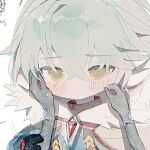  2boys aether_(genshin_impact) alyosha_(genshin_impact) arm_guards azhiichigo black_gloves blue_jacket blush cape chinese_commentary closed_mouth commentary_request earmuffs eyelashes fur-trimmed_cape fur_trim genshin_impact gloves green_hair hair_between_eyes hands_on_another's_face hands_up holding_another's_wrist hood hooded_cape jacket long_sleeves looking_afar male_focus multiple_boys painting_(medium) red_shirt shirt short_hair simple_background solo_focus squiggle traditional_media turtleneck turtleneck_shirt upper_body watercolor_(medium) wavy_mouth white_background white_cape yellow_eyes 