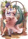  1girl cendrillon_(vocaloid) dress elbow_gloves flower glass_slipper gloves hairband hatsune_miku high_heels holding kaito light_smile long_hair pink_dress plant rose round_window shiramori_yuse shoes twintails vines vocaloid 