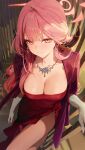  1girl absurdres ai-generated aru_(blue_archive) aru_(dress)_(blue_archive) atypo84 bilingual_commentary blue_archive breasts cleavage commentary earrings flower gloves halo highres jewelry large_breasts light_blush light_smile long_hair looking_at_viewer mixed-language_commentary necklace pink_hair pink_halo problem_solver_68_(blue_archive) red_flower red_rose rose side_slit white_gloves 