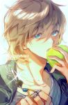  1boy absurdres animification apple artist_name black_jacket blue_eyes brown_hair chinese_commentary commentary_request food fruit hair_between_eyes hands_up highres holding holding_food holding_fruit jacket jewelry kamen_rider kamen_rider_blade_(series) kenzaki_kazuma key lofter_username looking_at_viewer male_focus necklace open_mouth ring shibainu2333 shirt short_hair simple_background solo upper_body white_background white_shirt xiaohongshu_username 