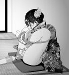  1boy anal anal_object_insertion ball_gag bdsm black_hair bondage bound chastity_cage commentary_request crossdressing crossdressing_(mtf) flat_chastity_cage flower full_body gag gagged greyscale hitachi_magic_wand indoors japanese_clothes kimono male_focus male_penetrated monochrome object_insertion original sex_toy shinobu_tan'ei short_hair sitting small_chastity_cage socks sweat tabi tatami testicles trap urethral_insertion vibrator white_socks 