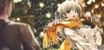  1girl blonde_hair blurry blush brown_eyes christmas_tree copyright_request cover depth_of_field gloves highres long_hair misaki_kurehito orange_scarf scan scan_artifacts scarf 