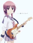  1girl angel_beats! arm_at_side blue_sailor_collar blue_skirt closed_mouth commentary cowboy_shot electric_guitar eyes_visible_through_hair from_side guitar hair_between_eyes hand_up highres holding holding_guitar holding_instrument instrument iwasawa_masami lelie_(lelie_link) light_blush light_smile long_sleeves miniskirt neckerchief pink_neckerchief pleated_skirt red_eyes red_hair sailor_collar sailor_shirt school_uniform serafuku shinda_sekai_sensen_uniform shirt sidelocks simple_background skirt sleeves_rolled_up smile solo split_mouth translation_request white_background white_shirt wristband 