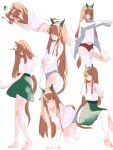  1girl all_fours animal_ears barefoot buruma camisole crew_neck double_strap_slip green_skirt grey_jacket grey_panties grey_shorts gym_uniform hairband hand_on_own_elbow highres horse_ears horse_girl horse_tail interlocked_fingers jacket koromo_(morocosi_o) long_hair looking_down looking_to_the_side lying medium_skirt miniskirt multiple_views navel no_pants on_side open_clothes open_jacket orange_hair outstretched_arms own_hands_together panties pleated_skirt red_buruma shirt shirt_tucked_in short_shorts short_sleeves shorts silence_suzuka_(umamusume) sitting sketch skirt sleeping spaghetti_strap sports_panties standing straight_hair strap_slip t-shirt tail thighhighs turning_head umamusume underwear white_camisole white_hairband white_shirt white_thighhighs 