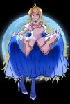  1girl antenna_hair archetype_earth arcueid_brunestud bare_shoulders blonde_hair blue_dress blue_moon breasts cleavage commentary_request detached_sleeves dress full_body full_moon gloves gold_trim grey_pantyhose hair_between_eyes high_collar high_heels highres holding_own_dress long_dress long_hair looking_at_viewer moon night norimikan pantyhose puffy_detached_sleeves puffy_sleeves red_eyes shade sidelocks single_hair_intake smile solo tsukihime tsukihime_(remake) two-tone_dress very_long_hair white_dress white_gloves white_sleeves 