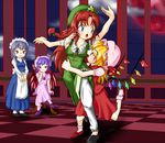  bad_anatomy blonde_hair blue_eyes blue_hair blush braid china_dress chinese_clothes dress flandre_scarlet hat hong_meiling hug indoors izayoi_sakuya long_hair maid moon multiple_girls red_eyes red_hair remilia_scarlet ribbon samurai_(kasizuki) short_hair silver_hair touhou twin_braids wings 