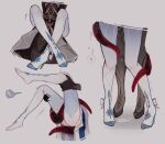  ! 2girls absurdres anastasya_feodorovna_snezhnaya bad_id bad_twitter_id between_thighs black_dress black_gloves black_pantyhose black_shoes blue_shoes blue_thighhighs bow disembodied_hand dress eni_(enidaisy69) fingernails fishnet_thighhighs fishnets footwear_bow genshin_impact gloves grabbing_another's_thighs gradient_thighhighs grey_background heart high_heels highres leg_focus leg_lock legs_up lower_body multicolored_thighhighs multiple_girls multiple_views no_shoes pantyhose pussy_juice pussy_juice_puddle ronova_(genshin_impact) sharp_fingernails shoes simple_background spoken_exclamation_mark spoken_heart standing sweat tentacles thighhighs trembling white_bow white_thighhighs yuri 