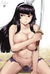  1girl artist_name black_eyes black_hair breasts commentary_request devilukez english_commentary fairy_tail fairy_tail_zero female_pubic_hair hairband highres holding holding_sword holding_weapon kagura_mikazuchi katana large_breasts long_hair looking_at_viewer mixed-language_commentary navel nipples pubic_hair shorts solo stomach sword torn_clothes torn_shorts very_long_hair weapon white_hairband 