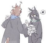  2girls agnes_tachyon_(umamusume) ahoge animal_ears black_hair black_robe blue_collar brown_hair collar commentary_request ear_tag earrings gachitamago green_collar hair_between_eyes harry_potter_(series) holding holding_test_tube horse_ears horse_girl horse_tail jewelry long_bangs long_hair long_hair_between_eyes long_sleeves manhattan_cafe_(umamusume) medium_hair multicolored_hair multiple_girls necktie robe shirt simple_background spoken_squiggle squiggle sweatdrop tail test_tube umamusume white_background white_hair wizarding_world yellow_eyes 