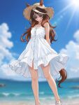  1girl alternate_costume animal_ears arms_behind_back beach blue_sky blurry blurry_background brown_hair brown_hat commentary_request dress ears_through_headwear hat highres horse_ears horse_girl horse_tail long_hair looking_at_viewer ocean outdoors round_eyewear sky sleeveless sleeveless_dress smile solo standing straw_hat summer sundress sunglasses sunlight symboli_rudolf_(umamusume) tail umamusume white_dress zenbrush2 