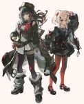  2girls animal_ears arknights bear_ears bear_girl black_dress black_jacket blonde_hair brown_hair coat_partially_removed dress food-themed_hair_ornament fur-trimmed_leg_warmers fur_hat grey_dress grey_eyes grey_leg_warmers gummy_(arknights) hair_ornament hairclip happyongdal hat hat_over_one_ear highres jacket leg_warmers loafers lollipop_hair_ornament long_hair long_sleeves looking_at_viewer multicolored_hair multiple_girls neckerchief open_clothes open_jacket pantyhose papakha red_eyes red_nails red_neckerchief red_pantyhose red_streaks red_thighhighs ribbed_thighhighs sailor_collar sailor_dress shoes simple_background smile streaked_hair thighhighs white_background white_sailor_collar zima_(arknights) zima_the_raging_tide_(arknights) 