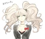  1girl bear_hair_ornament big_hair black_bra black_choker black_shirt blonde_hair blue_eyes bow bra breasts choker commentary_request danganronpa_(series) enoshima_junko hair_ornament large_breasts looking_up necktie shirt shirt_bow takashi_(onikukku) translation_request twintails unamused underwear upper_body white_background white_necktie 