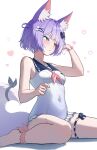  1girl absurdres alternate_hair_length_(shorter) animal_ear_fluff animal_ears barefoot blue_eyes blue_sailor_collar breasts commentary covered_navel foot_out_of_frame fox_ears fox_girl frilled_one-piece_swimsuit frills from_side hand_up heart heterochromia highres neckerchief one-piece_swimsuit orange_eyes parted_lips pink_neckerchief purple_hair purple_tail sailor_collar sailor_one-piece_swimsuit short_hair simple_background sitting small_breasts solo stellive swimsuit tenko_shibuki tube_kim11 virtual_youtuber wariza white_background white_one-piece_swimsuit 